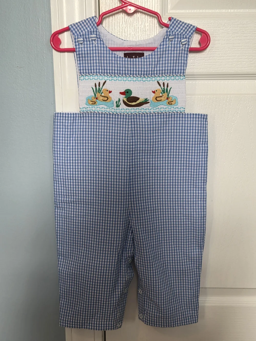 Cactus Blue Gingham Duck Smocked Overalls